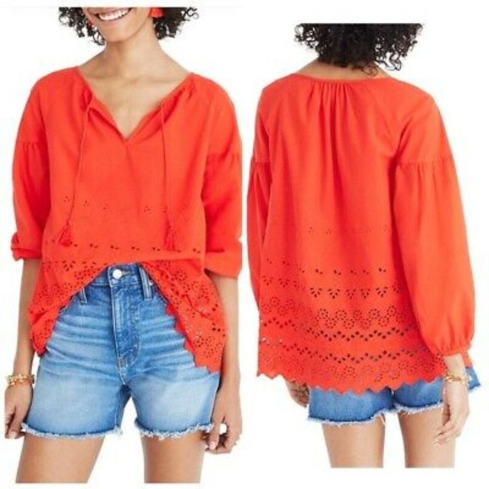 Madewell Eyelet Lattice Peasant Top